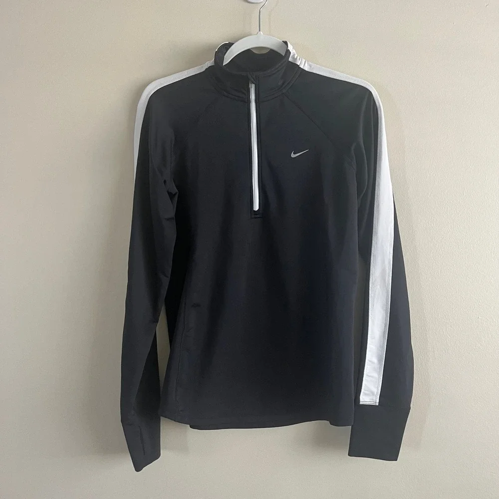 Nike Running Dri-Fit Quarter Zip Pullover Size S Black White Stripe Athletic Top
